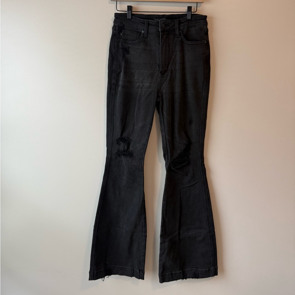 Judy Blue Black Denim Bell Bottom Jeans w Destressing